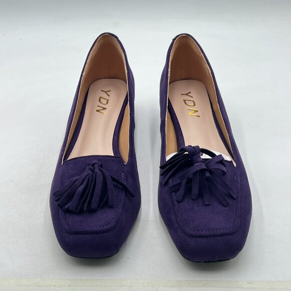 YDN Dark Purple Block Low Heel Loafer Square Toe Tassel Fringe Pump Slip On Shoe - Picture 3 of 8